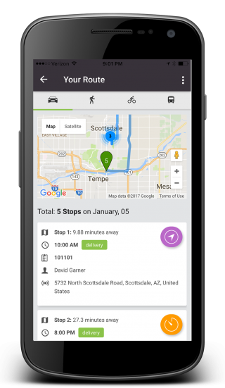 optimized route with delivery destinations