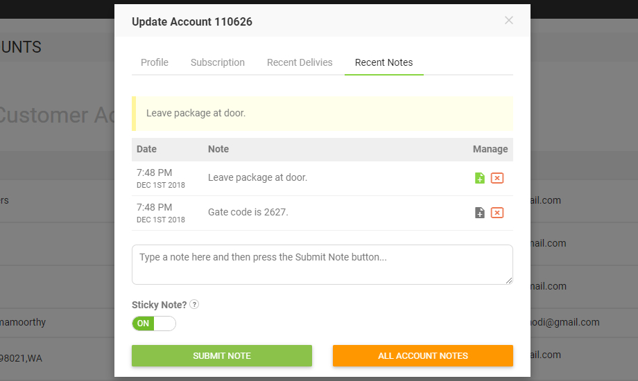 Customer Account Notes and Sticky Note